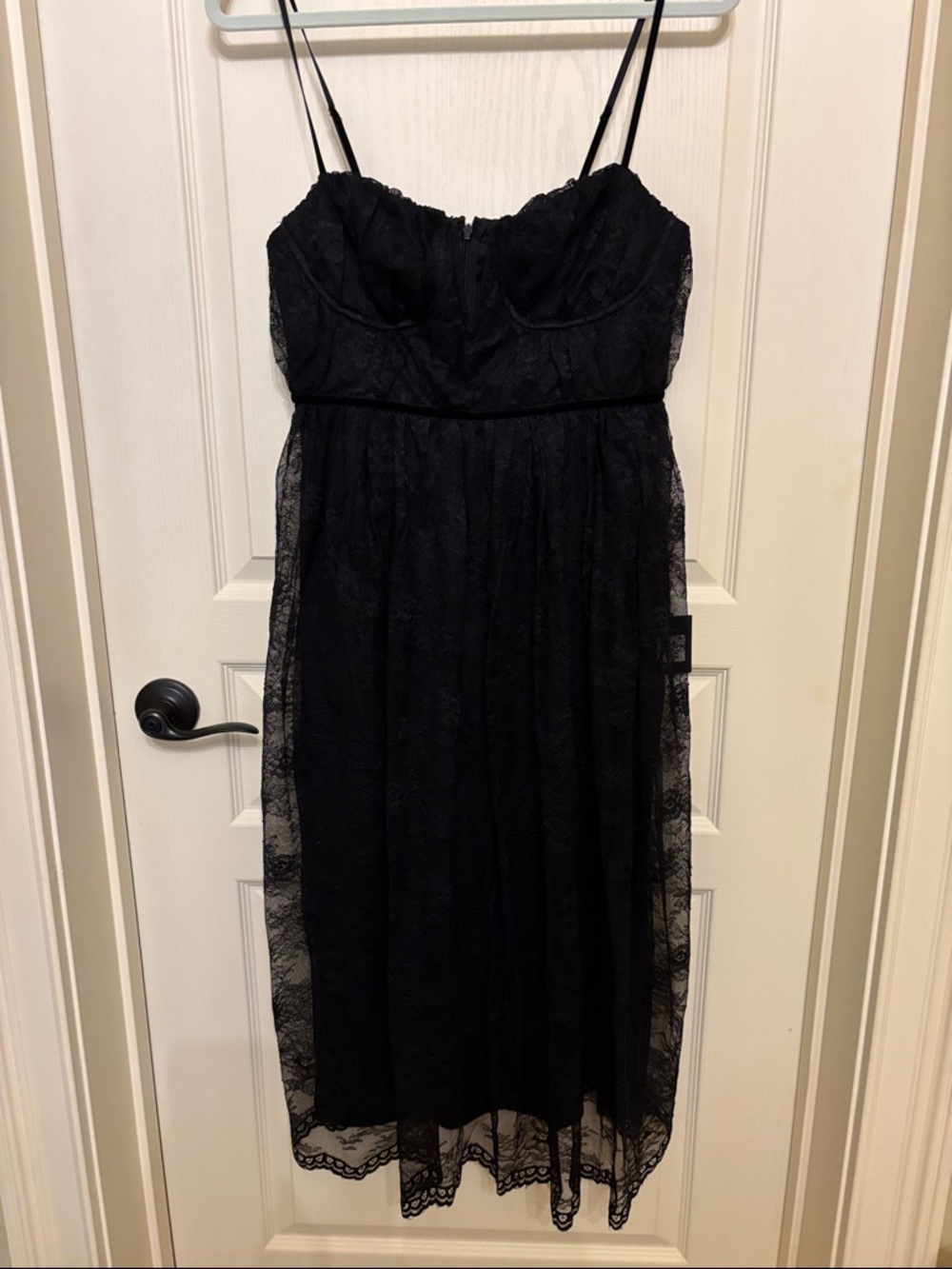 Lulu's Black Lace Midi Dress with Spaghetti Straps and Scalloped Hem